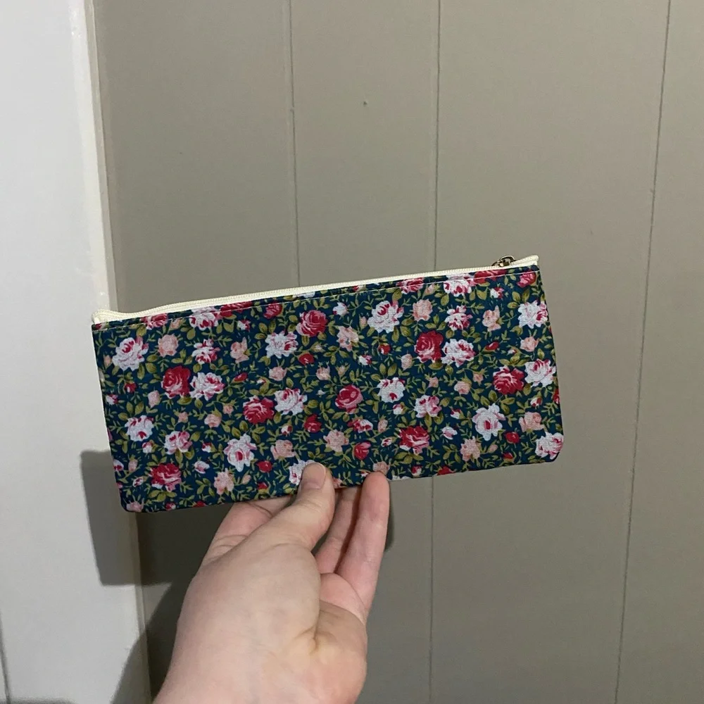 Floral Zipper Pouch with Lace Detail